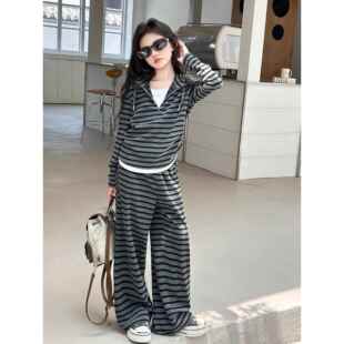 韩国Uamtor女童巨好看套装春秋新款大童韩系条纹格雷系穿搭两件套