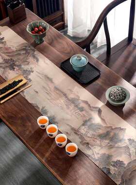 锦绒防水茶席新中式禅意桌旗复古国画风茶桌布垫大号长条干泡席