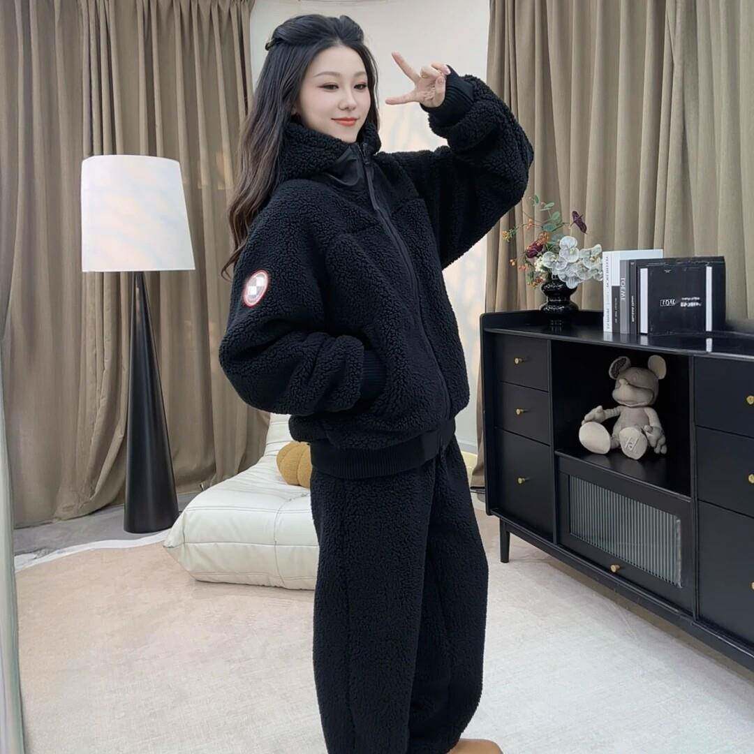 男女同款零下20度可外穿大码拉链连帽三层复合绒加厚睡衣家居服冬
