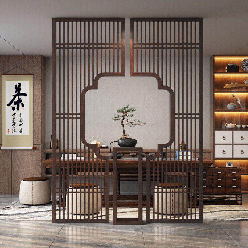 新中式隔断格栅实木花格屏风原木玄关雕刻镂空客厅简约推拉门定做
