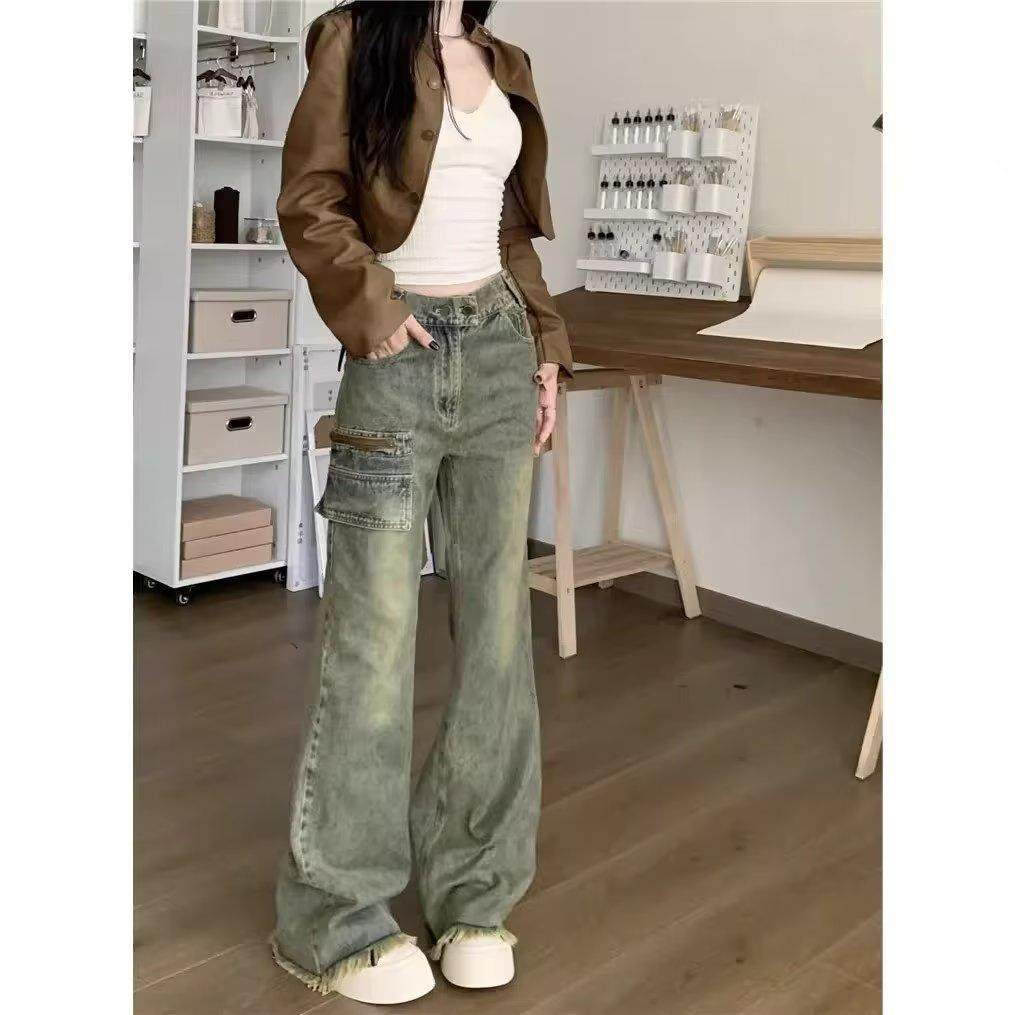 美式复古高街裤子设计感高级感多口袋工装牛仔裤微喇叭直筒裤潮定