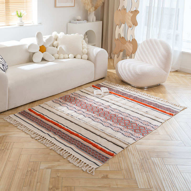 外贸棉麻几何簇绒地垫客厅沙发茶几卧室床边地毯多功能可机洗