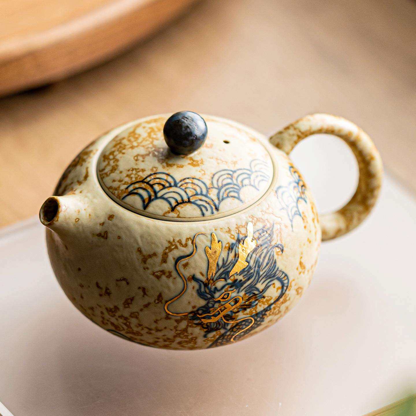 青花火石红纯手绘西施壶龙纹家用泡茶壶高档复古中式过滤陶瓷单壶