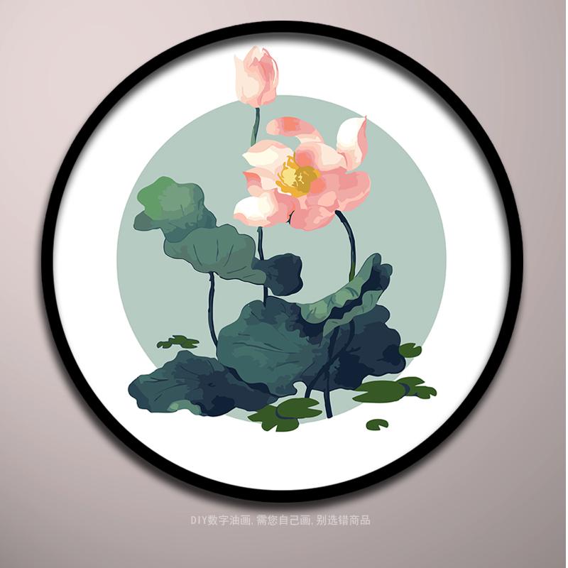 圆形diy数字油画荷植物花卉风景古典中国风手工绘填色装饰画包邮图片