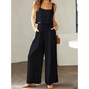 neck square sleeveless camisole leg Womens wide suit