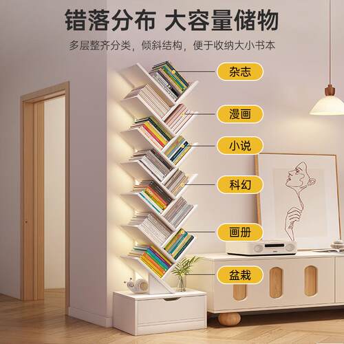 简易书架落地置物架客厅树形小书柜家用靠墙多层窄缝收纳储物柜子
