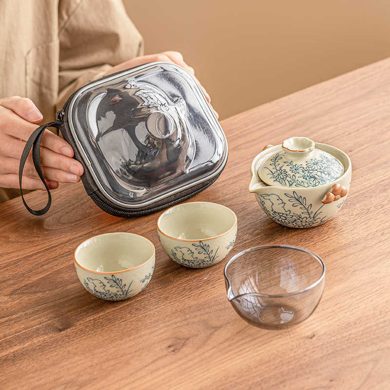 向阳花萌兔汝窑一壶两杯便携式户外旅行茶具套装中式陶瓷茶壶茶杯,餐饮具,旅行茶具,淘宝优惠券,粉丝福利购,淘宝优惠卷