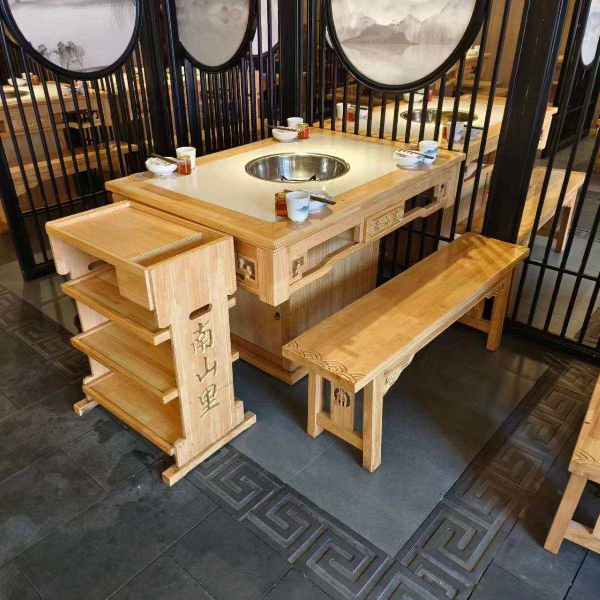 火锅桌商用大理石无烟净化火锅桌子电磁炉一体实木岩板餐桌椅组合