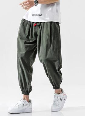 Men's cotton and linen cropped pants, plus size sports