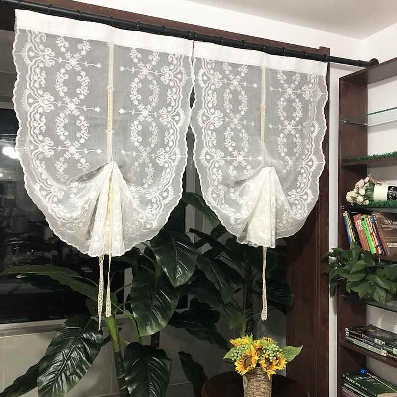 美式厨房窗帘免打孔半帘扇形罗马帘气球帘提拉帘魔术贴飘窗纱帘