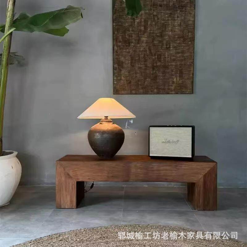 老榆木长条桌民宿家用玄关装饰桌简约卧室摆件台灯放置桌实木桌