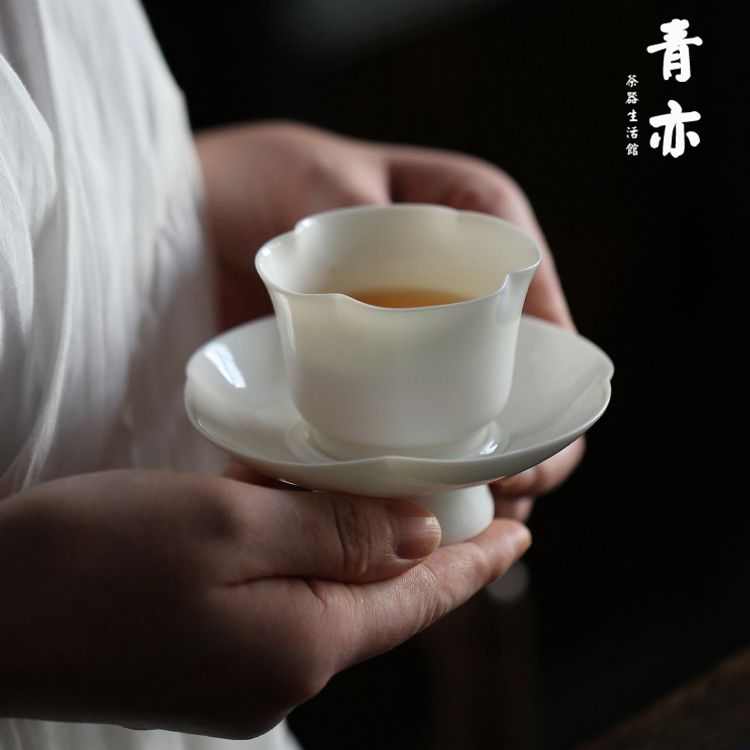 青亦丨白瓷茶杯含杯托茶盏套装品茗杯主人杯功夫茶具海棠茶盏透亮