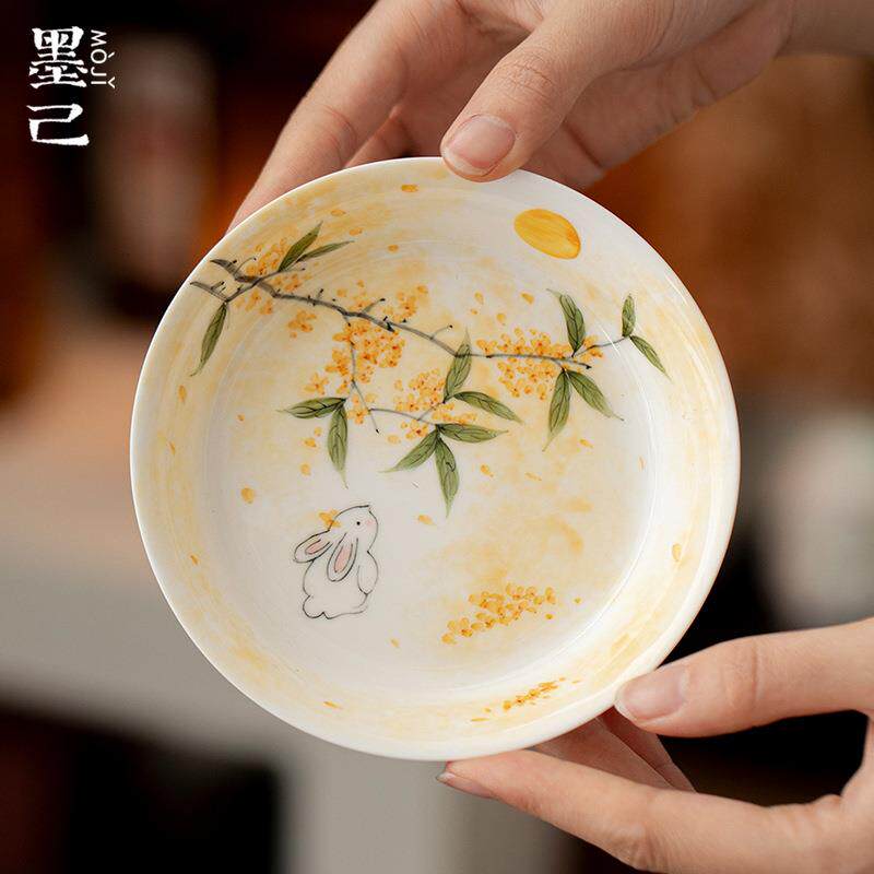 墨己玉泥白瓷手绘桂下萌兔陶瓷壶承茶道配件圆形瓷盘茶点盘瓜果盘
