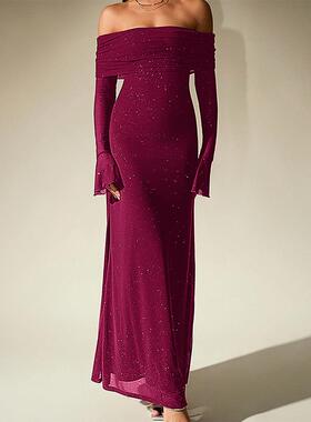 Off-Neck Sequin Long Sleeve Bodycon Ruched Mesh Maxi Dress,