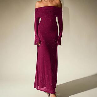 Parthea Off-Neck Cold Shoulder Trumpet Sleeve Mesh Sequin