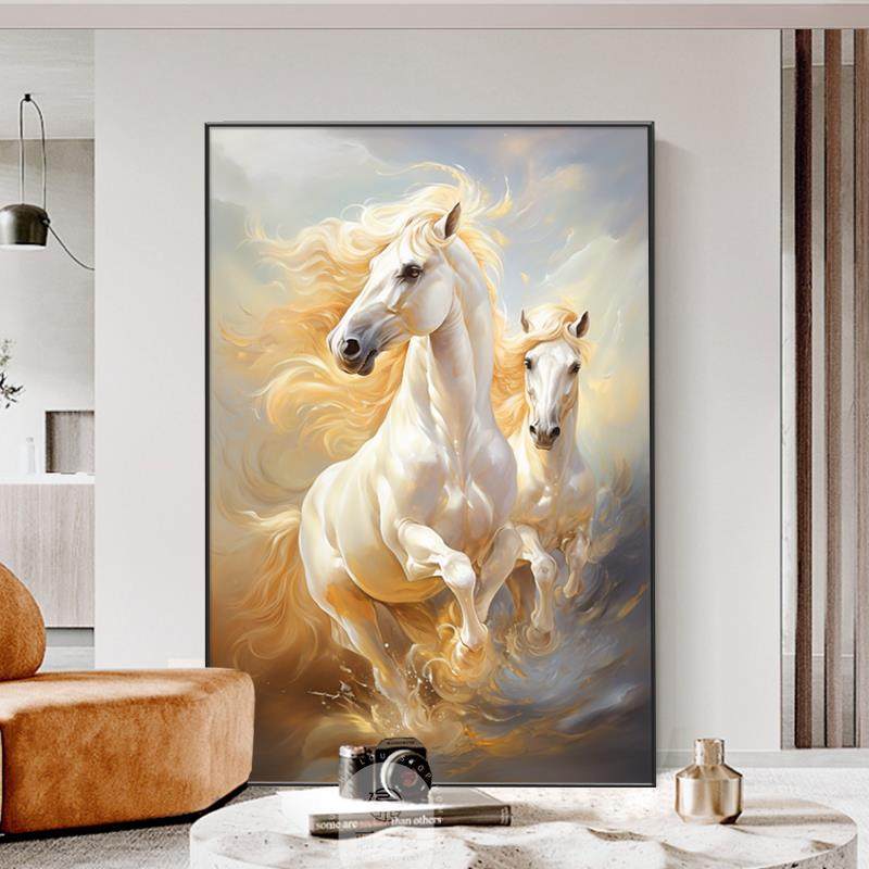奔跑白色骏马客厅装饰画沙发背景墙壁挂画马到成功简约大幅落地画