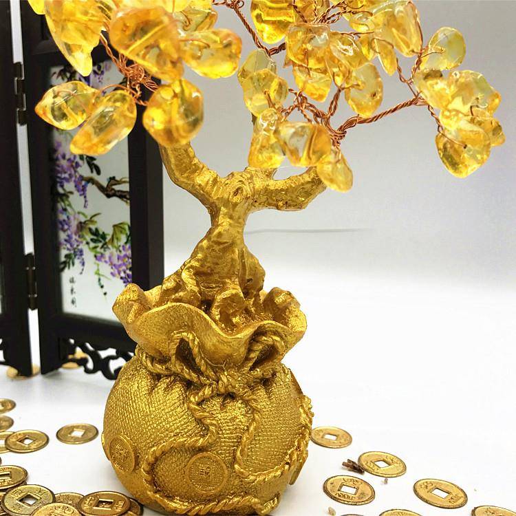 黄水晶发财树酒柜客品厅装饰摆件家品居电视意工艺创小招财摇钱树