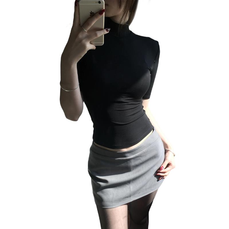 辣妹修身半高领短袖黑色T恤女2025新款夏季紧身打底衫显瘦上衣服