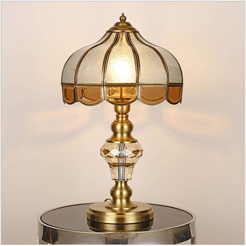美式全铜水晶台灯 复古纯铜欧式卧室床头灯 创意奢华客厅焊锡灯