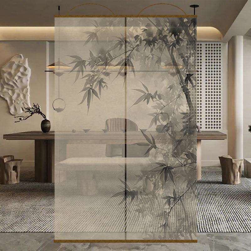 新中式水墨竹画文艺透景屏风纱卷帘隔断帘挂帘窗帘玄关透光纱帘