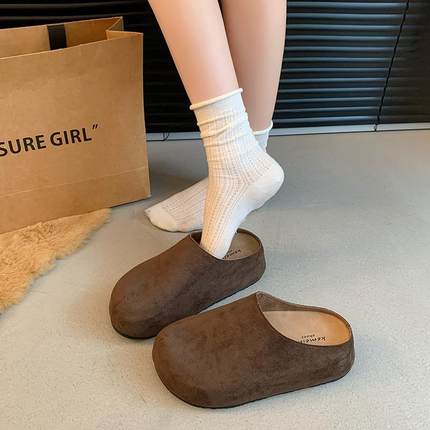 春季小个子内增高7CM绒面勃肯鞋女增高厚底包头半拖鞋外穿0109z