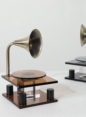 极简轻奢烟灰水晶覆古唱片机桌面摆件样板间居家客厅电视柜装饰品