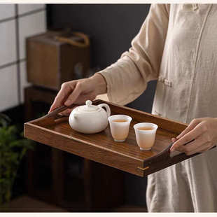 商务提手收纳 胡桃木托盘酒店家用长方形木质放茶水杯茶台茶盘中式