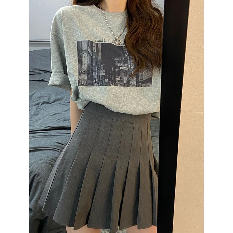 灰色百褶裙女2024春秋a字裙遮肚显瘦半身裙子纯色复古学院风短裙