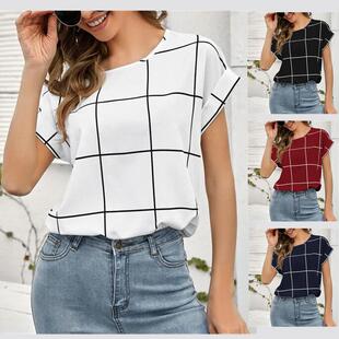Women shoulder shirt top off sleeved printed plaid short