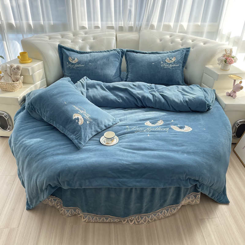 冬季牛奶绒圆床床裙四件套加厚双面水晶绒被套圆形床笠床罩2米2