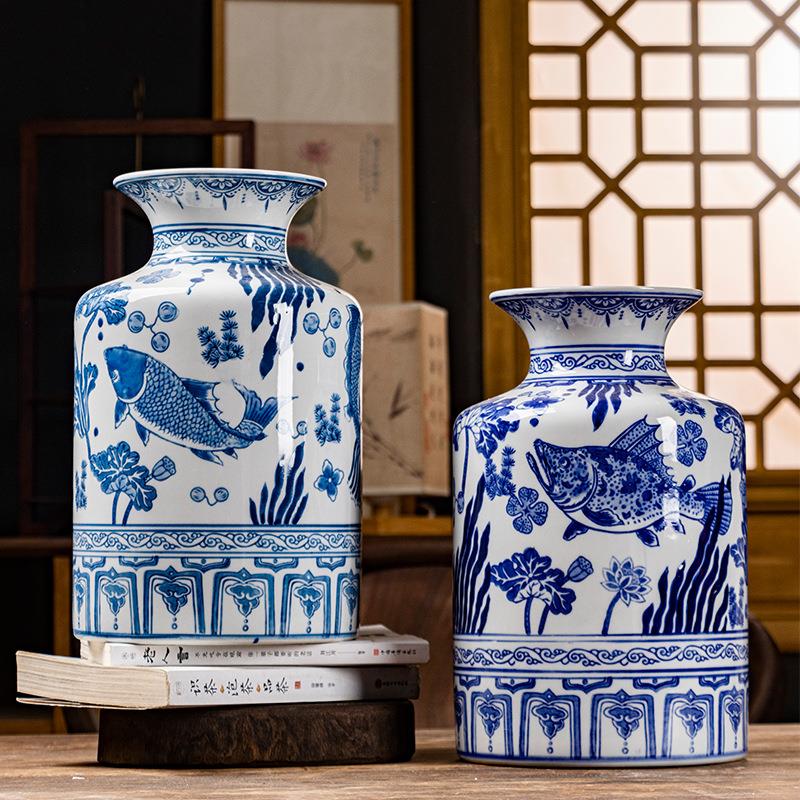 青花“鱼藻纹”系列新中式花瓶青花瓷鱼藻纹花瓶客厅玄关陶瓷花瓶