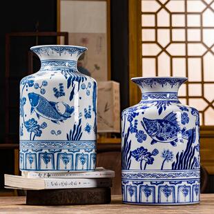 青花“鱼藻纹”系列新中式花瓶青花瓷鱼藻纹花瓶客厅玄关陶瓷花瓶