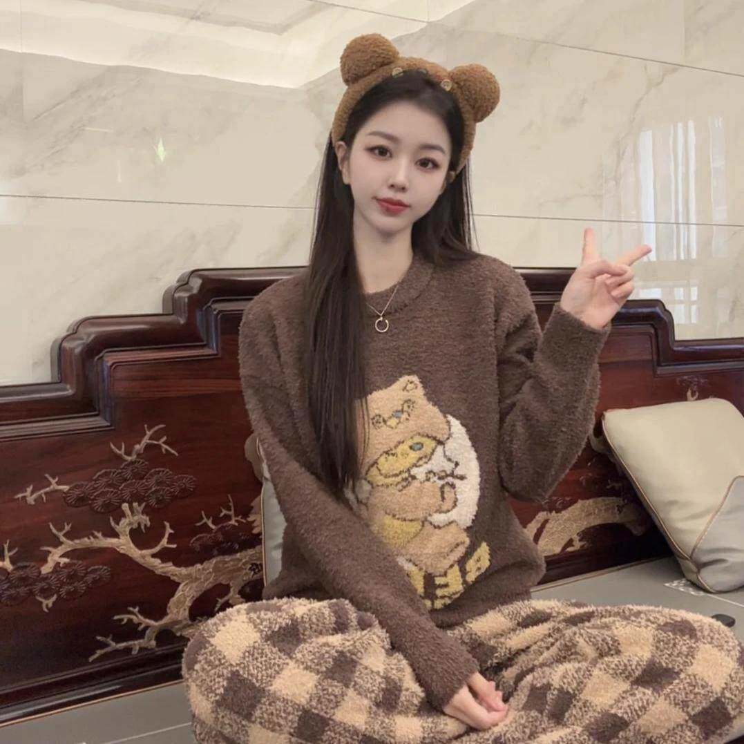日系卡通可爱咖色格纹小熊半边绒睡衣女秋冬舒适加厚可外穿家居服