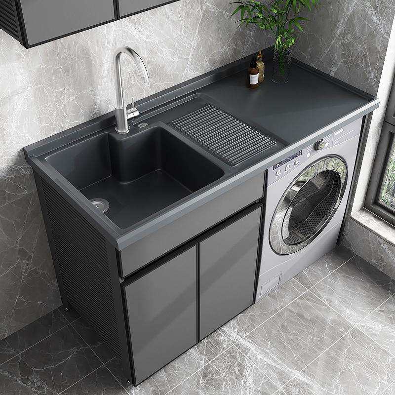 双下水太空铝洗衣机柜带搓衣板水池石英石台面阳台组合一体盆伴侣