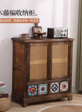 柜#7W复古美收式客厅柜简约餐边柜储物柜藤编纳边斗柜玄关WDT柜阳