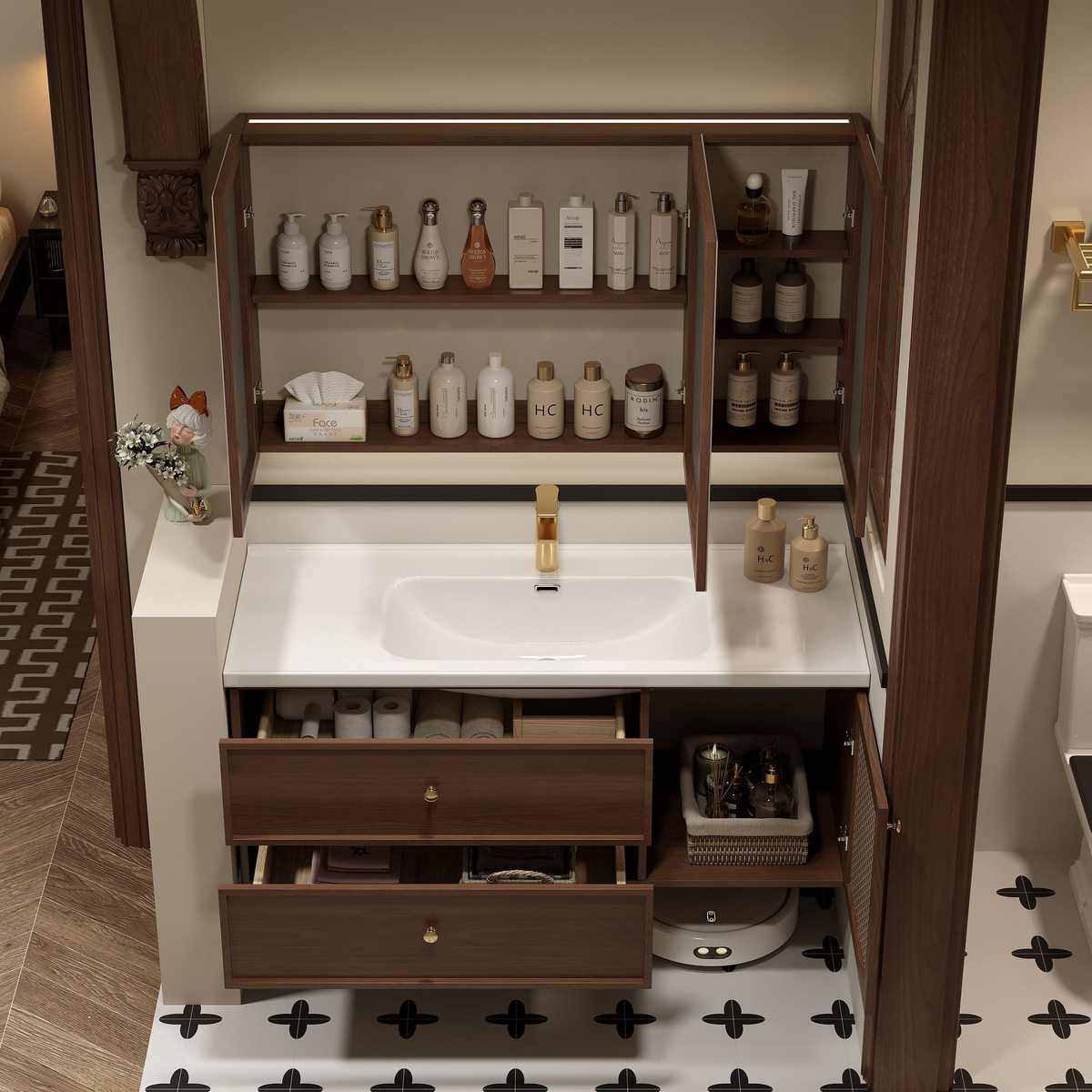 中古风法式复古藤编浴室柜组合陶瓷一体盆橡木实木卫生间洗漱台