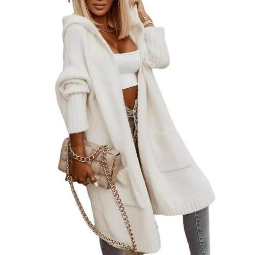 Cardigan collar hooded long woolen sweater jacket