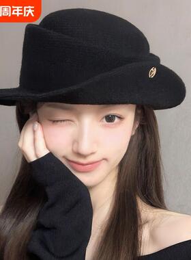 2026法式赫本风黑色礼帽女秋冬季显脸小渔夫帽针织帽白色卷边