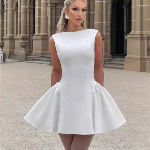 Women's Summer Sleeveless Crew Neck Backless A-line Mini