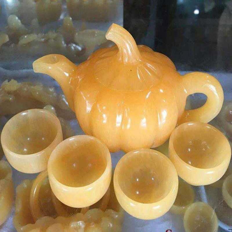 米黄玉茶杯酒壶玉器茶壶套装组合茶壶南瓜壶不带茶盘