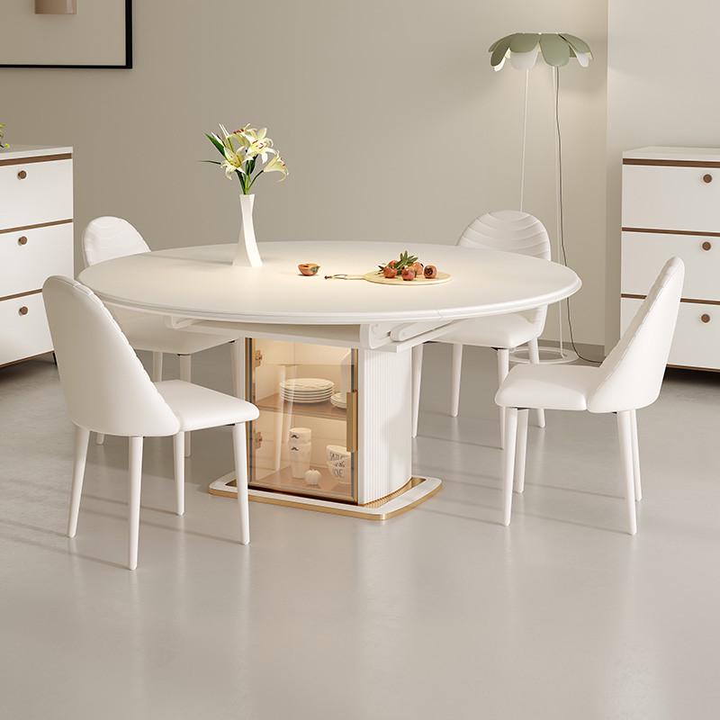 奶油风岩板餐桌家用简约现代小户型可伸缩饭桌储物电磁炉实木圆桌