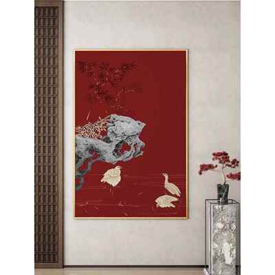 网红新中式客画厅茶室湖装画轻饰红色抽象奢太石花鸟壁书房办公室