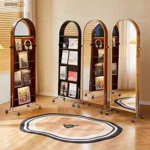 中古实木可移动全身镜家用置物架杂志架复古落地旋转穿衣镜全身镜