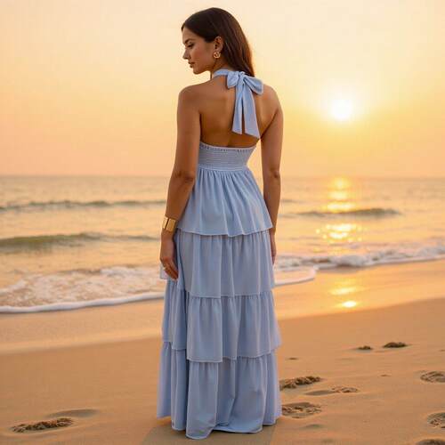 Womens Strapless Maxi Dress Fashion Sleeveless Tiered Hem