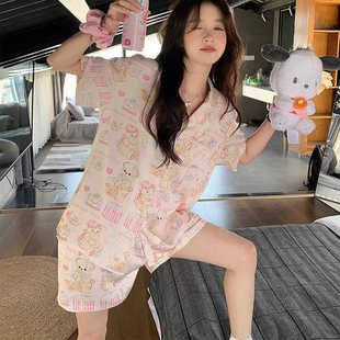 短袖 开衫 睡衣女夏季 短裤 甜美可爱休闲少女棉质韩版 女士家居服套装