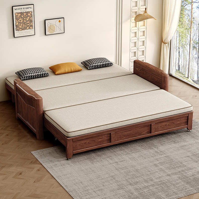 北欧折叠实木沙发床两用小户型客厅多功能抽拉伸缩床北美黑胡桃木