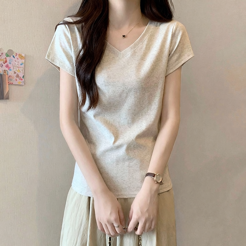 白色V领纯棉T恤女装半袖夏季基础款正肩小个子短袖上衣