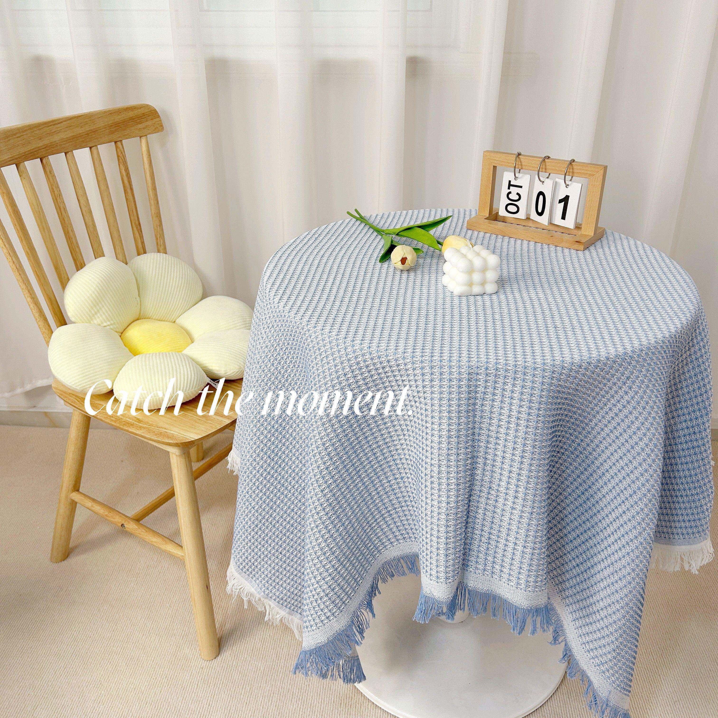 法式田园桌布ins棉麻蓝色纯色轻奢茶几圆桌台布床头柜书桌方桌