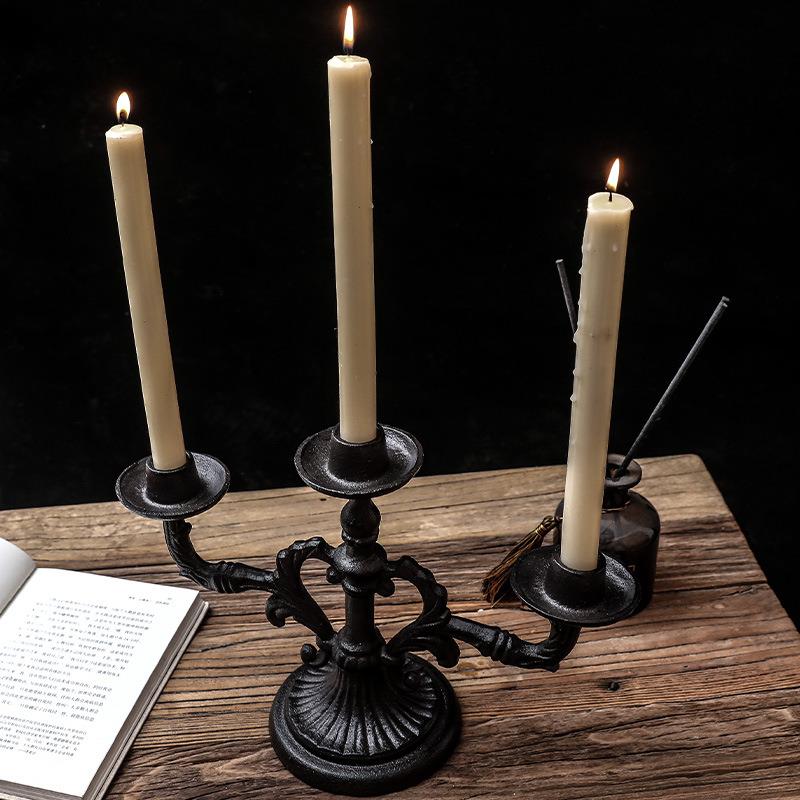 欧式复古铸铁铁艺三头厚重烛台餐桌摆件西餐烛光晚餐拍摄道具装饰