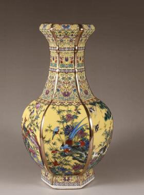 清乾隆珐琅彩花鸟六方浅黄色赏瓶中式博古架仿古瓷器做旧古董摆件